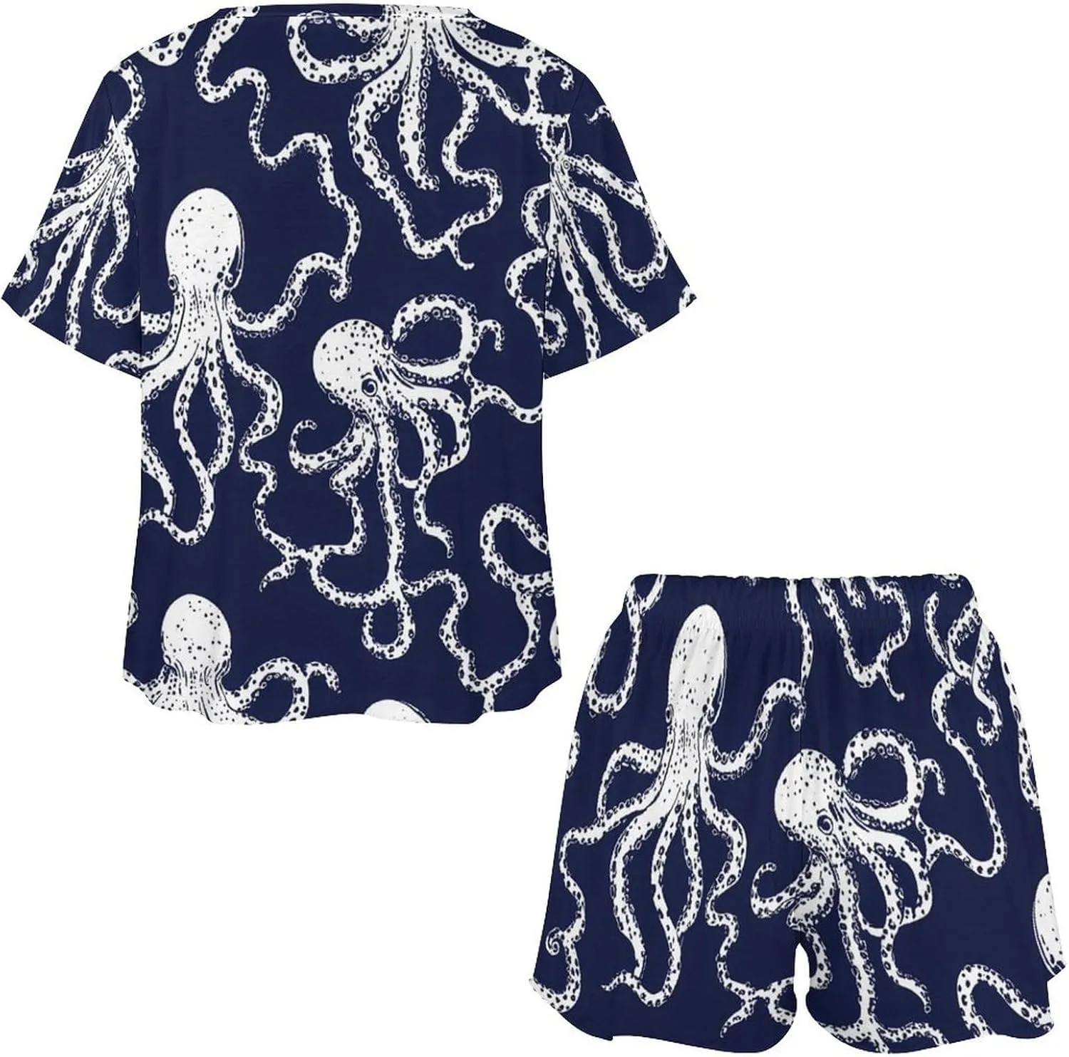 Octopuss Dark Blue Pajamas Sets for Women Stylish Short Sleeve Sleepwear Loungewear