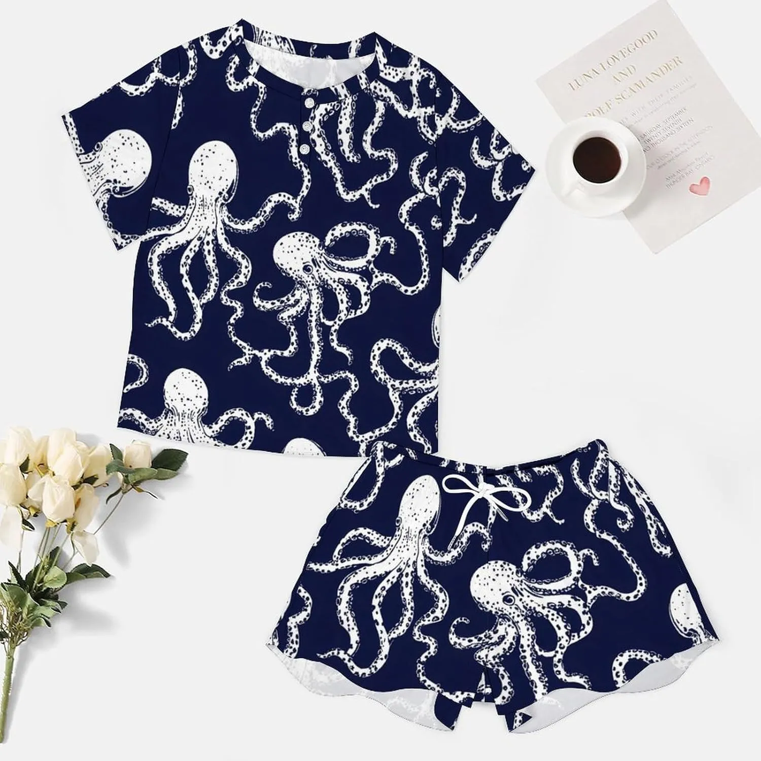 Octopuss Dark Blue Pajamas Sets for Women Stylish Short Sleeve Sleepwear Loungewear
