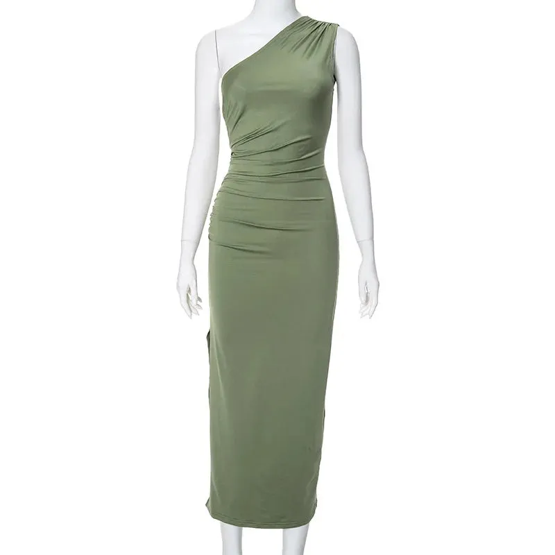 One Shoulder Summer Elegant Sexy Sleeveless Ruched Charming Stylish Maxi Dress