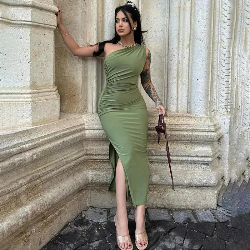 One Shoulder Summer Elegant Sexy Sleeveless Ruched Charming Stylish Maxi Dress