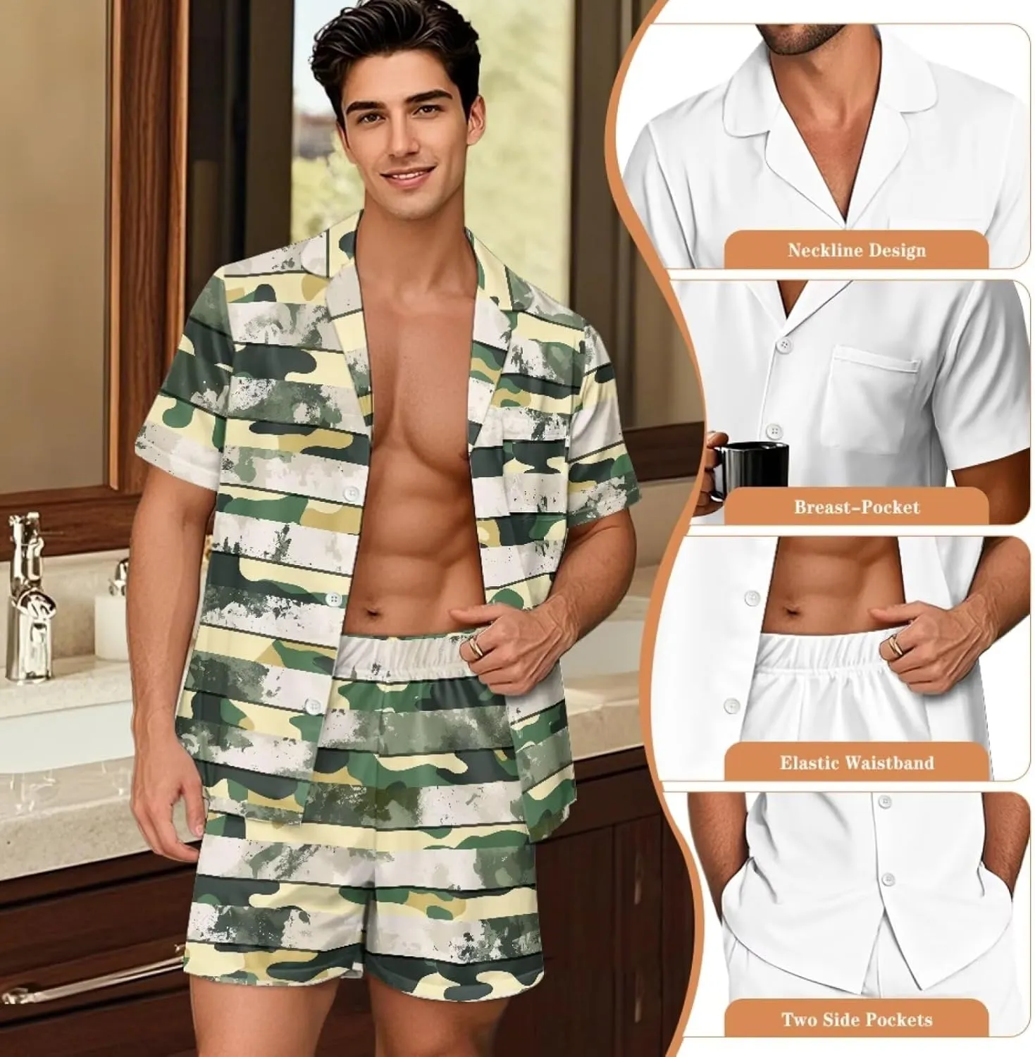 Pajama Set Two Piece Sleepwear Set for Men Summer Nightwear Button Down Top Short Pant Loungewear, XS-5XL
