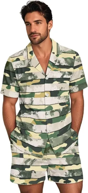 Pajama Set Two Piece Sleepwear Set for Men Summer Nightwear Button Down Top Short Pant Loungewear, XS-5XL