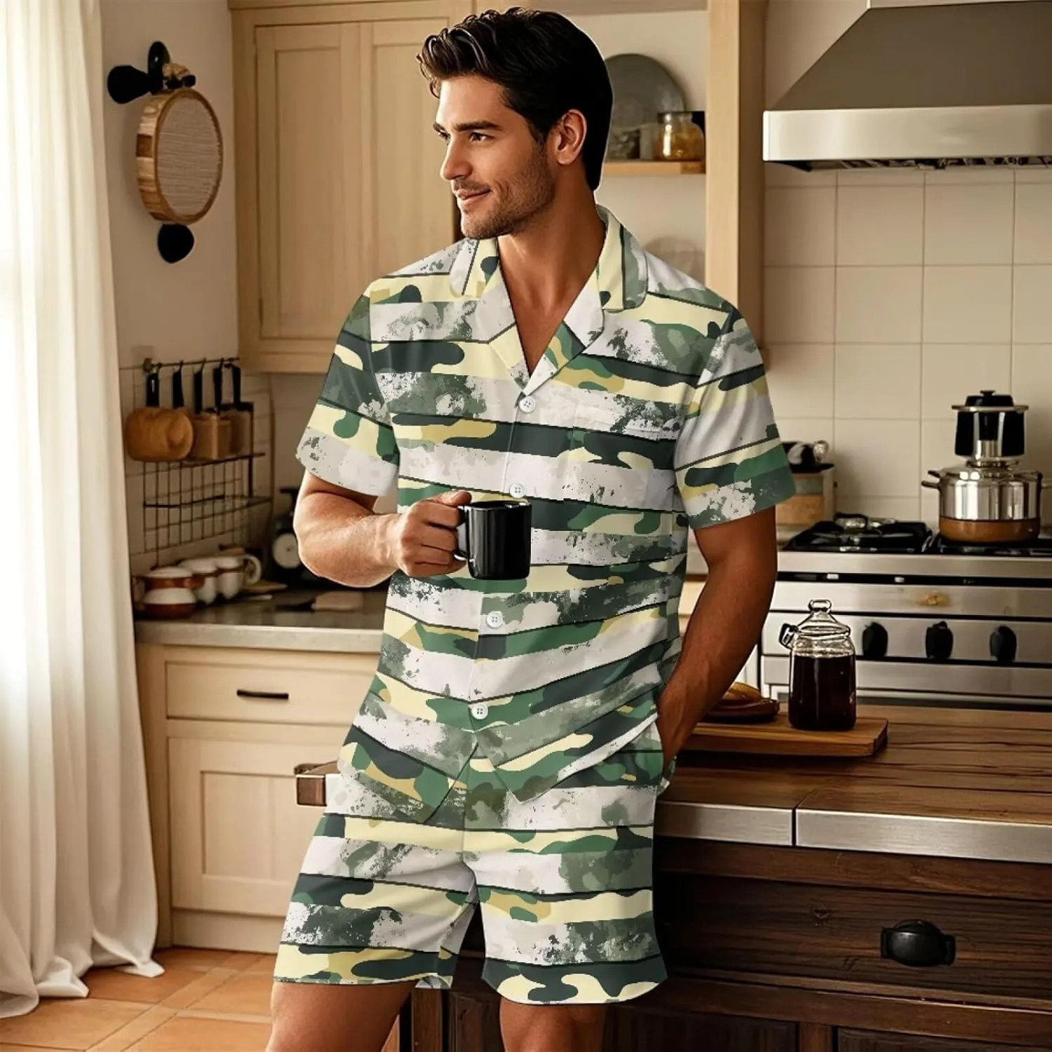 Pajama Set Two Piece Sleepwear Set for Men Summer Nightwear Button Down Top Short Pant Loungewear, XS-5XL