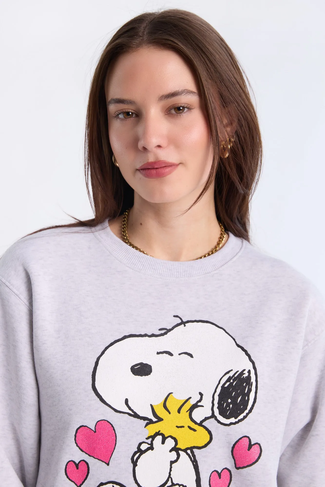 Peanuts Snoopy Love Graphic Glitter Crew Neck Sweatshirt