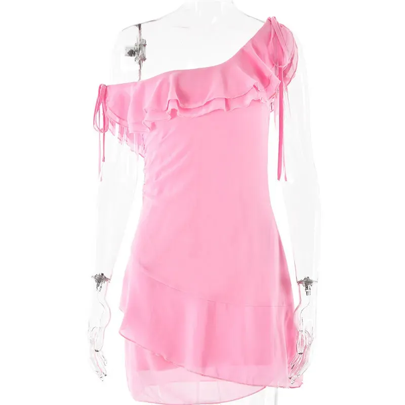 Pink Ruffled Stylish Shoulder Mini Dress