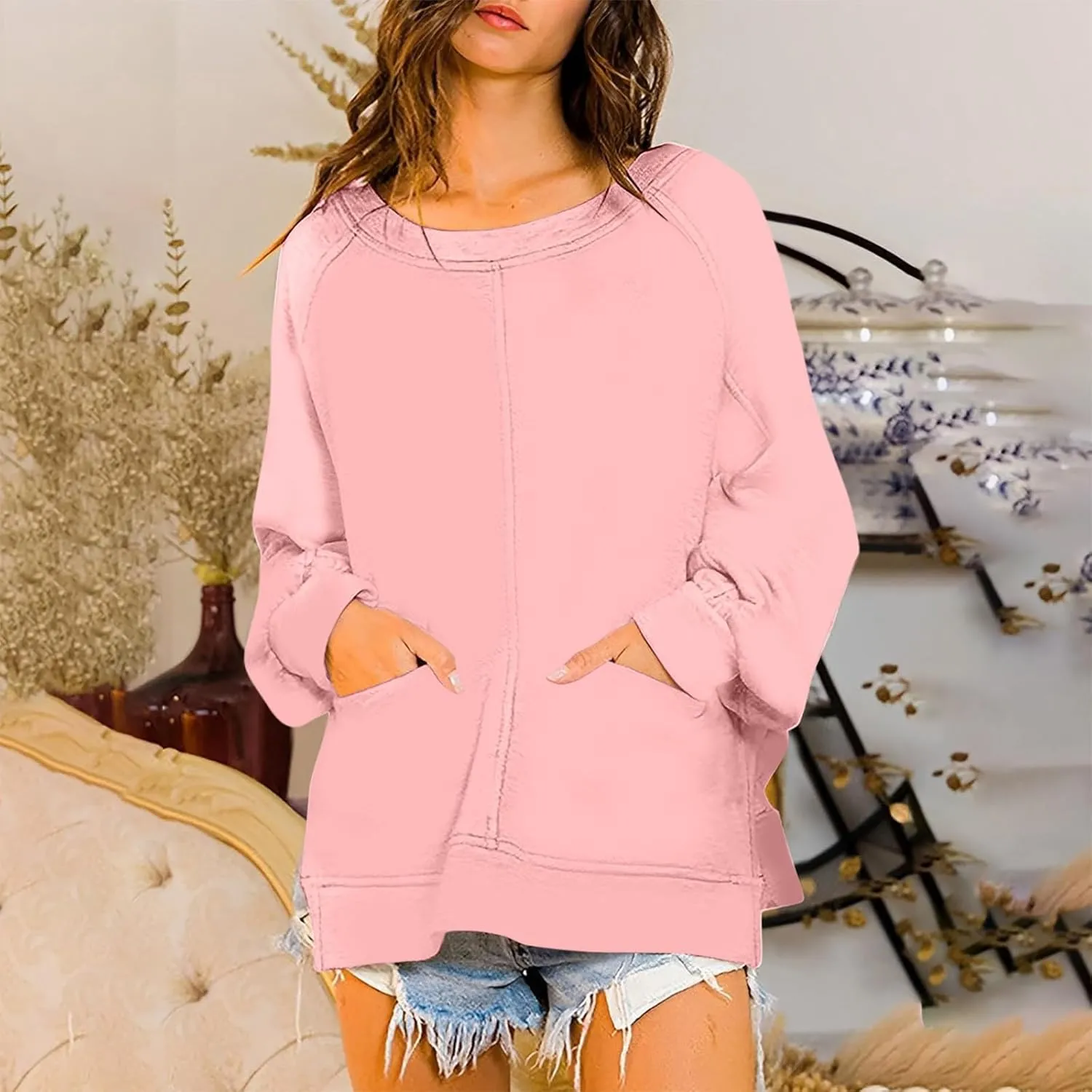 Pockets Hoodies for Women Long Sleeve Side Slit Sweatshirt Solid Crew Neck Pullover Top Dressy Casual Loose Outfits