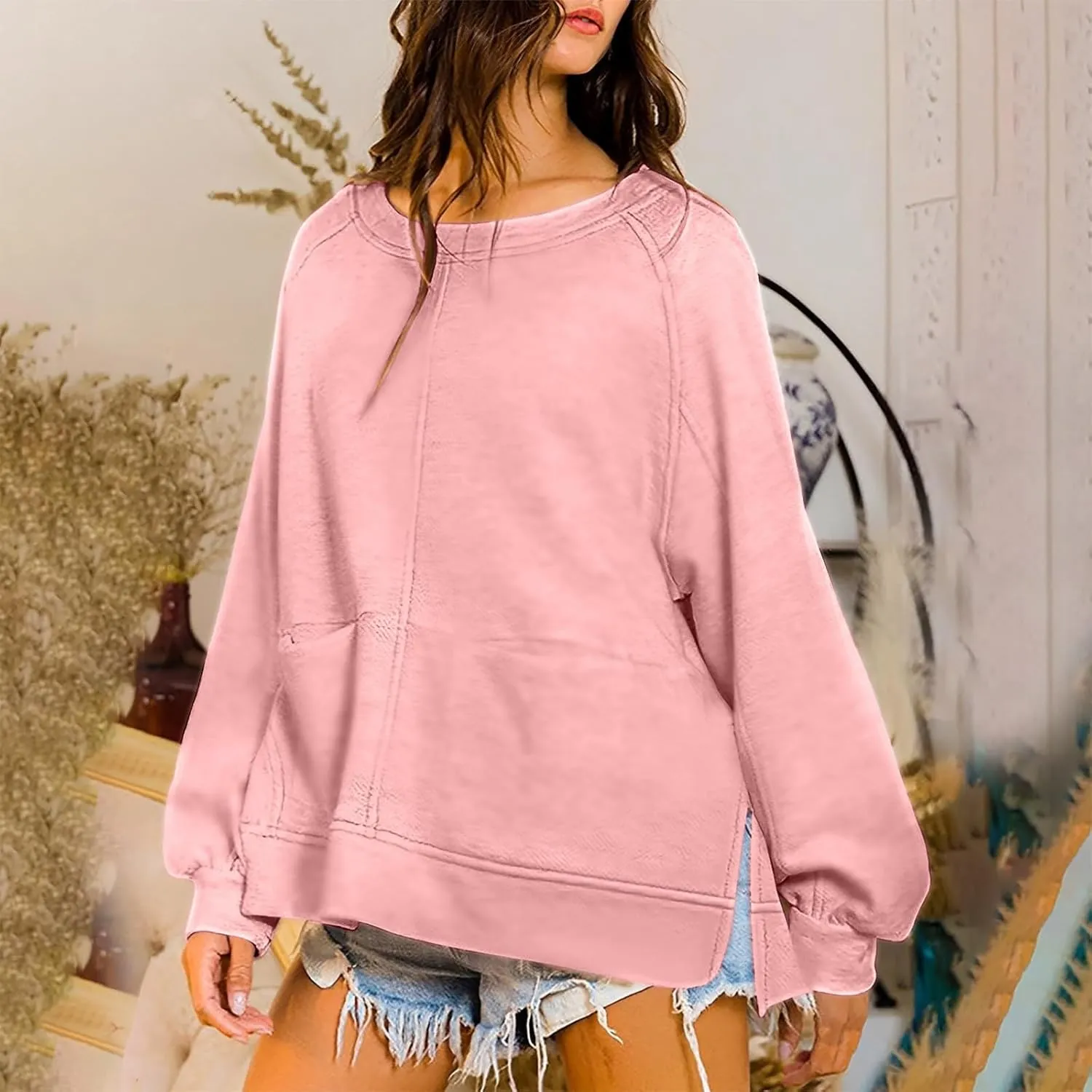 Pockets Hoodies for Women Long Sleeve Side Slit Sweatshirt Solid Crew Neck Pullover Top Dressy Casual Loose Outfits