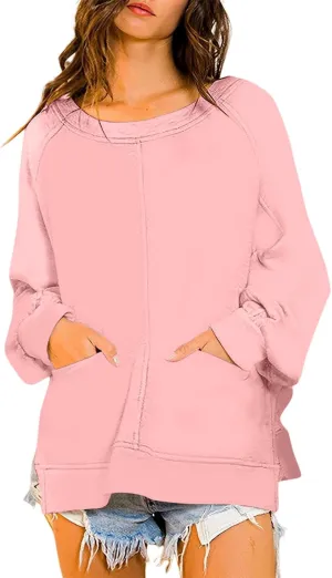 Pockets Hoodies for Women Long Sleeve Side Slit Sweatshirt Solid Crew Neck Pullover Top Dressy Casual Loose Outfits