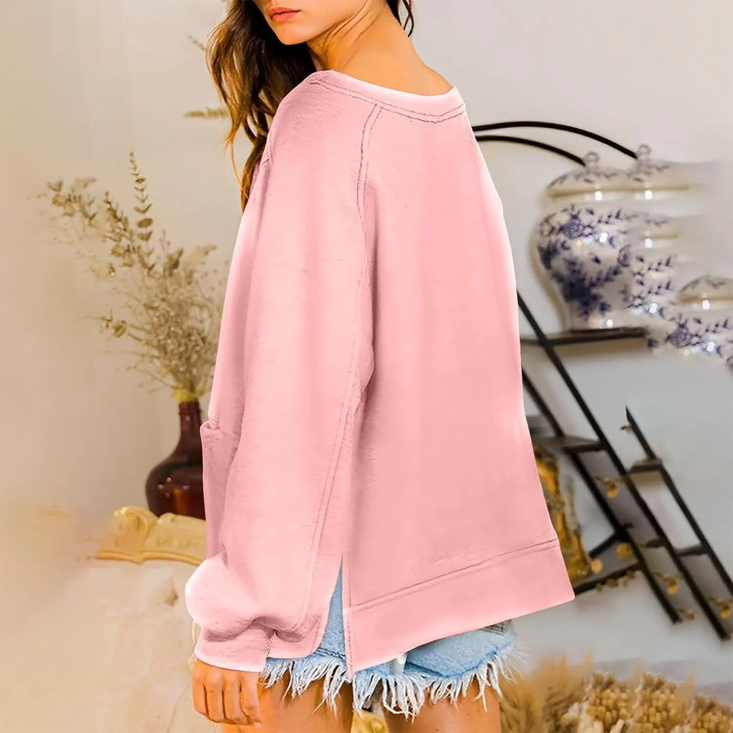 Pockets Hoodies for Women Long Sleeve Side Slit Sweatshirt Solid Crew Neck Pullover Top Dressy Casual Loose Outfits