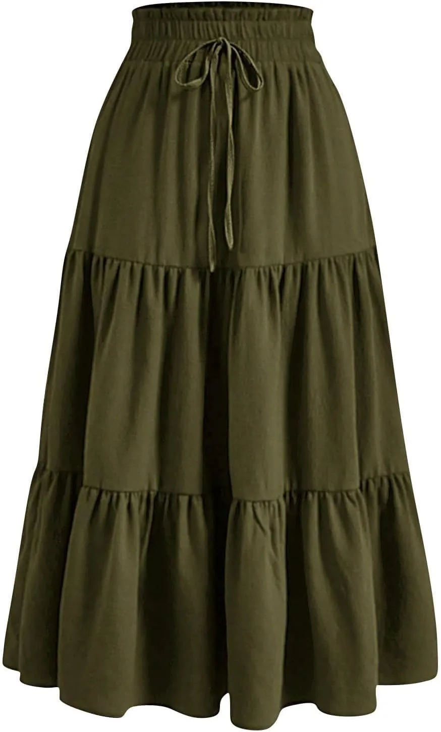 Ruffle Tiered Maxi Skirts for Women Summer Solid Elastic Waisted Skirt Casual Loose Fit Comfy Skirts with Drawstring