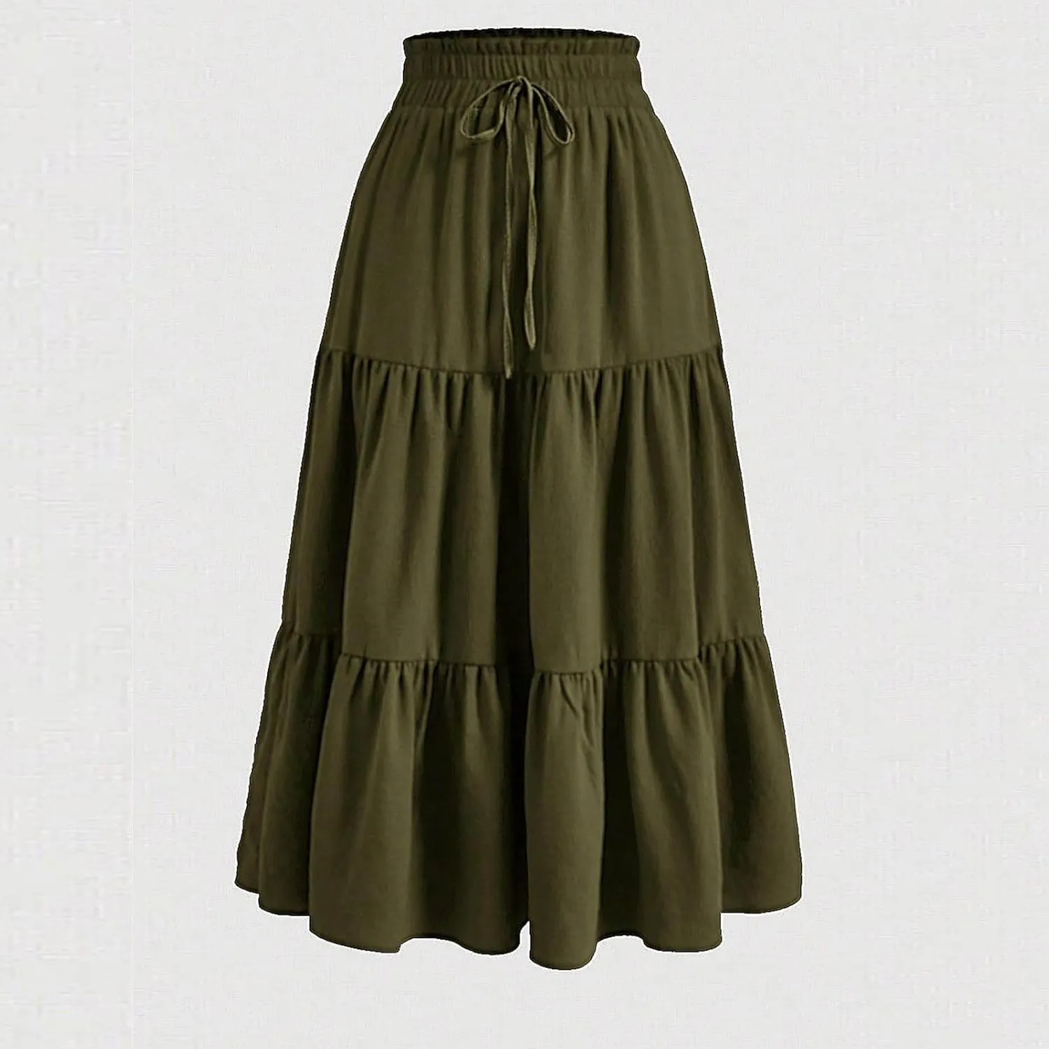 Ruffle Tiered Maxi Skirts for Women Summer Solid Elastic Waisted Skirt Casual Loose Fit Comfy Skirts with Drawstring
