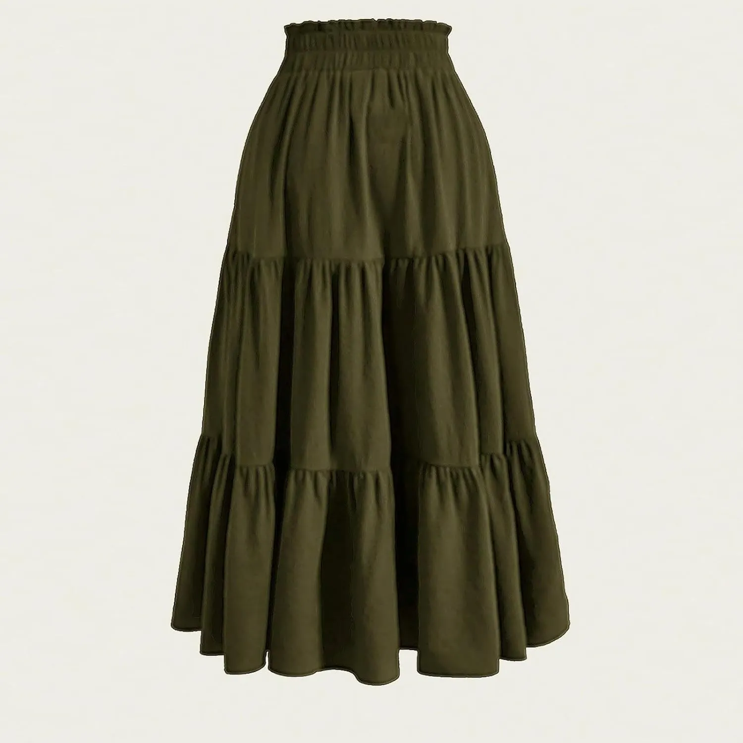 Ruffle Tiered Maxi Skirts for Women Summer Solid Elastic Waisted Skirt Casual Loose Fit Comfy Skirts with Drawstring