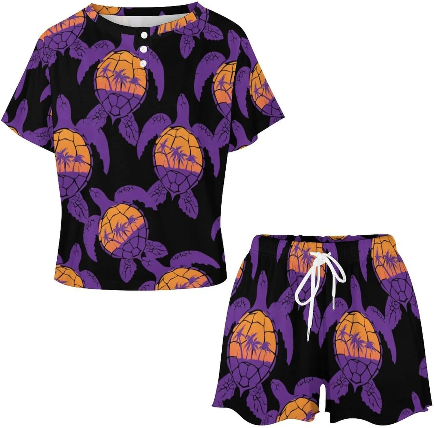 Sea Turtle Palm Trees Sunset Pajamas Sets for Women Stylish Short Sleeve Sleepwear Loungewear