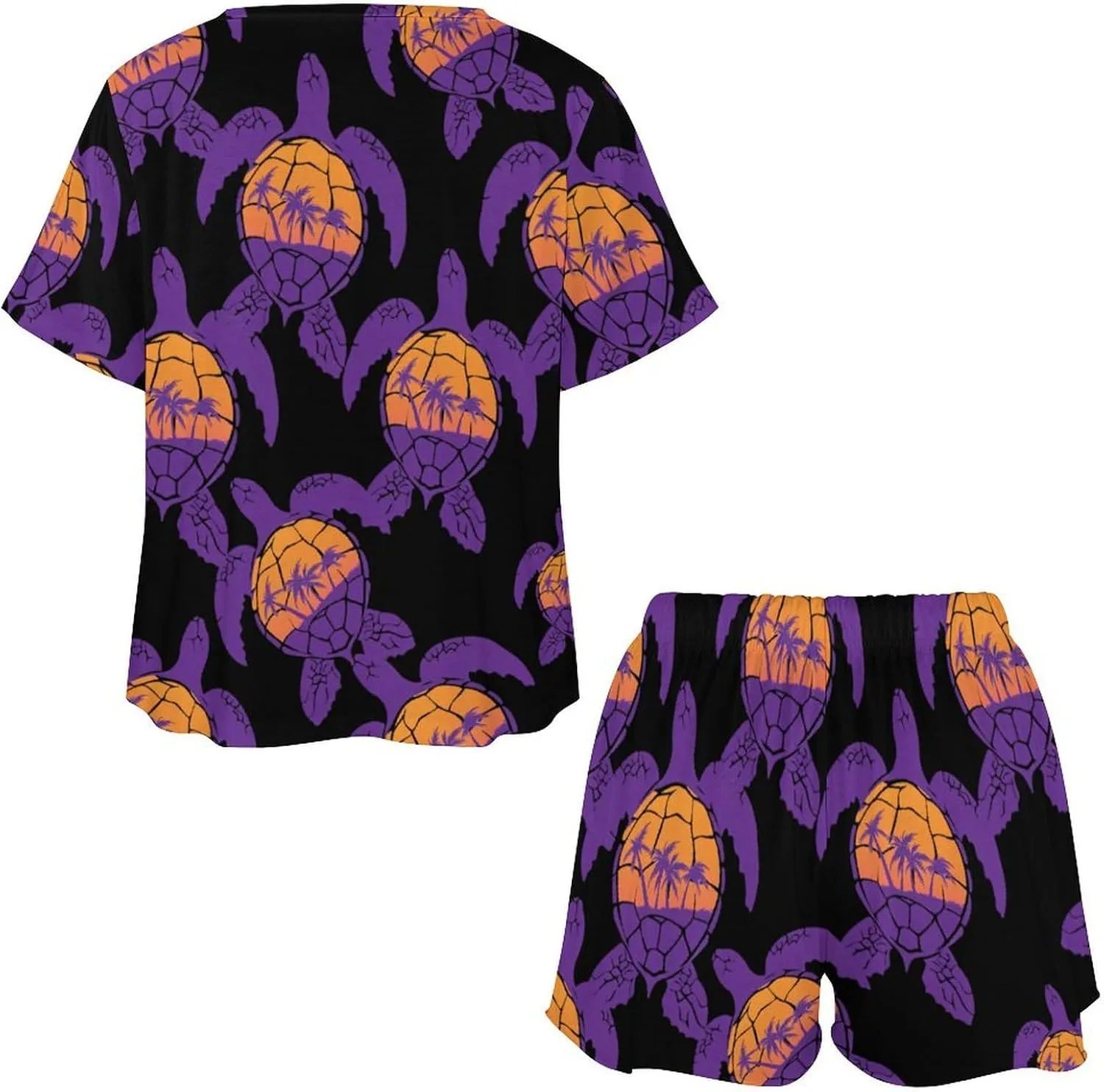 Sea Turtle Palm Trees Sunset Pajamas Sets for Women Stylish Short Sleeve Sleepwear Loungewear