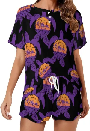Sea Turtle Palm Trees Sunset Pajamas Sets for Women Stylish Short Sleeve Sleepwear Loungewear