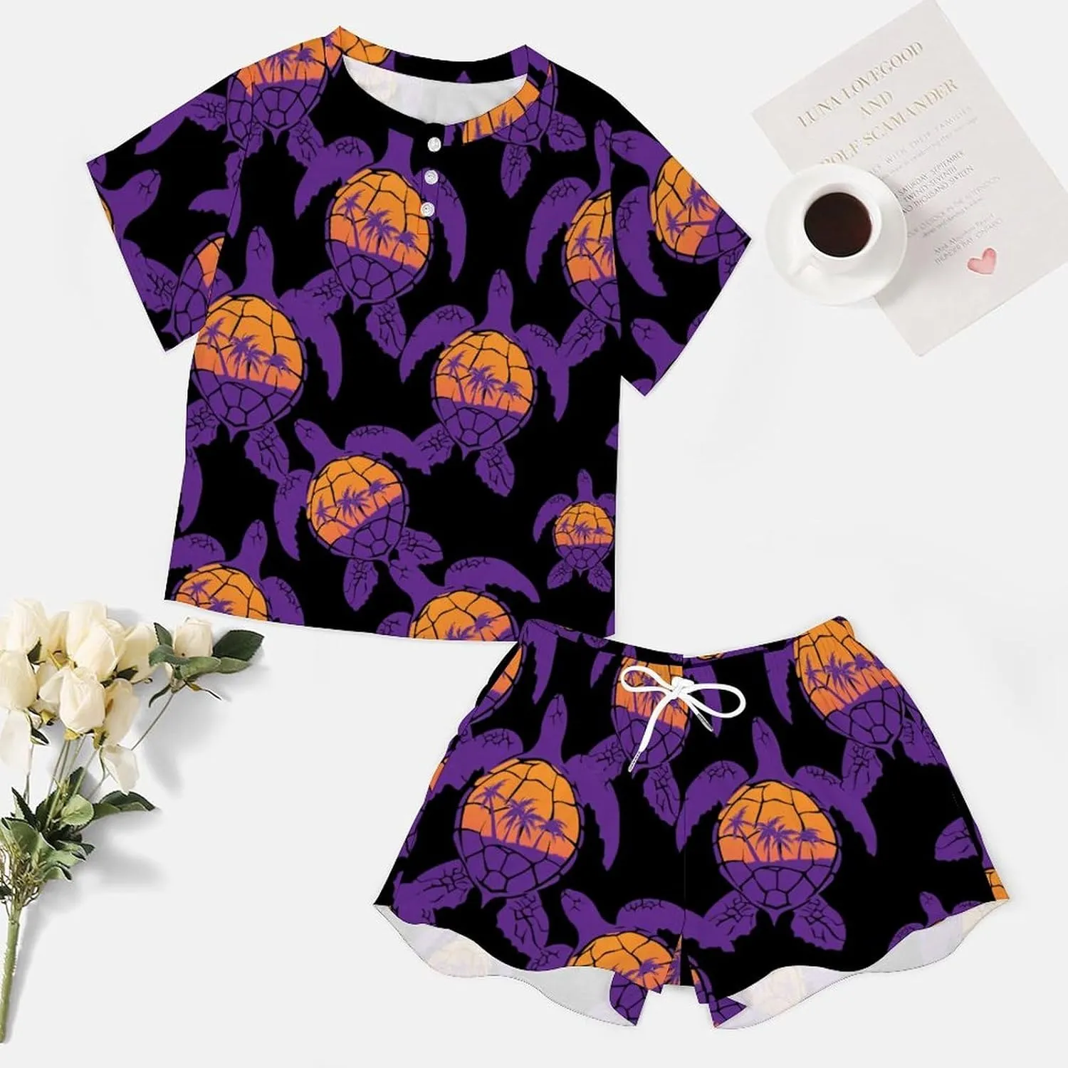 Sea Turtle Palm Trees Sunset Pajamas Sets for Women Stylish Short Sleeve Sleepwear Loungewear