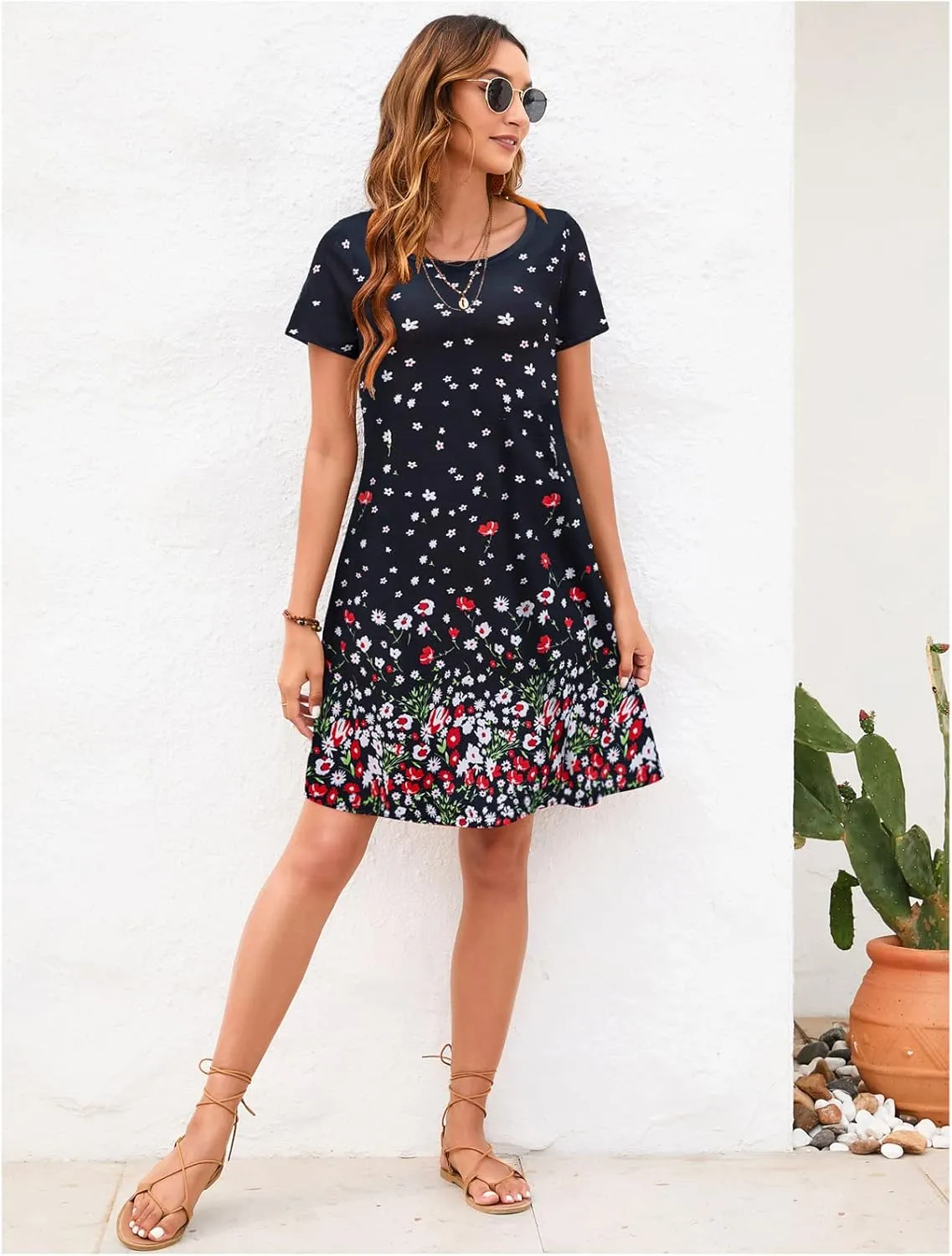 Sherosa Women's Summer Dresses 2025 Beach Boho Sundress Short Sleeve Loose Casual Tshirt Dress with Pockets