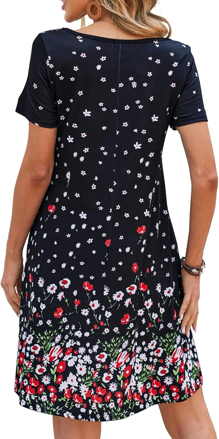 Sherosa Women's Summer Dresses 2025 Beach Boho Sundress Short Sleeve Loose Casual Tshirt Dress with Pockets