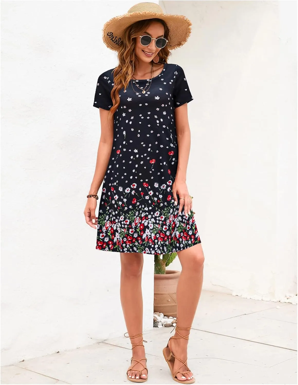Sherosa Women's Summer Dresses 2025 Beach Boho Sundress Short Sleeve Loose Casual Tshirt Dress with Pockets