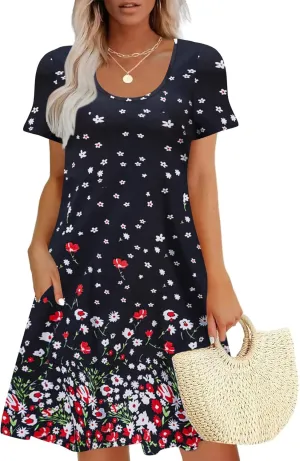 Sherosa Women's Summer Dresses 2025 Beach Boho Sundress Short Sleeve Loose Casual Tshirt Dress with Pockets