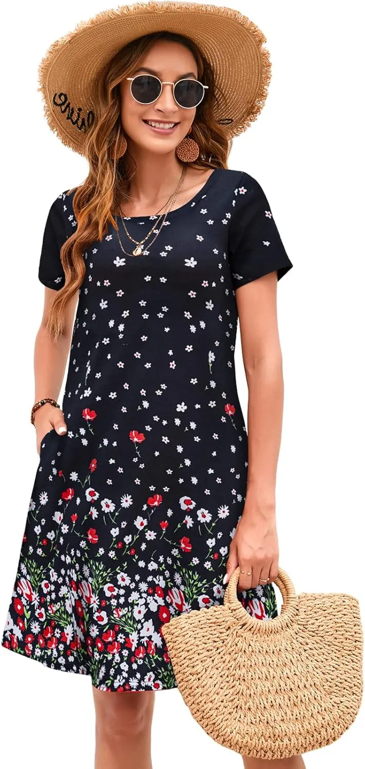 Sherosa Women's Summer Dresses 2025 Beach Boho Sundress Short Sleeve Loose Casual Tshirt Dress with Pockets