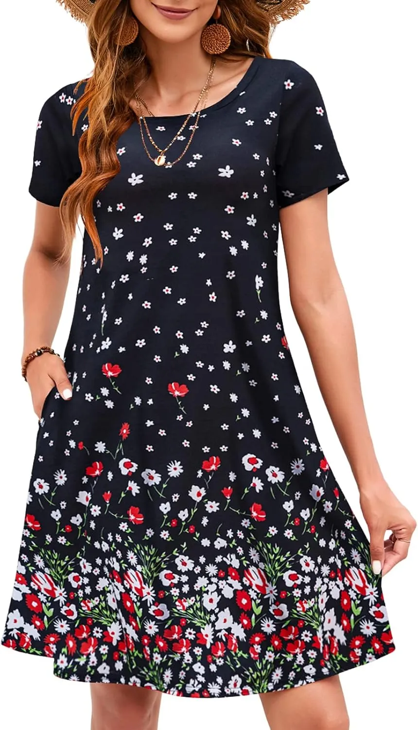 Sherosa Women's Summer Dresses 2025 Beach Boho Sundress Short Sleeve Loose Casual Tshirt Dress with Pockets