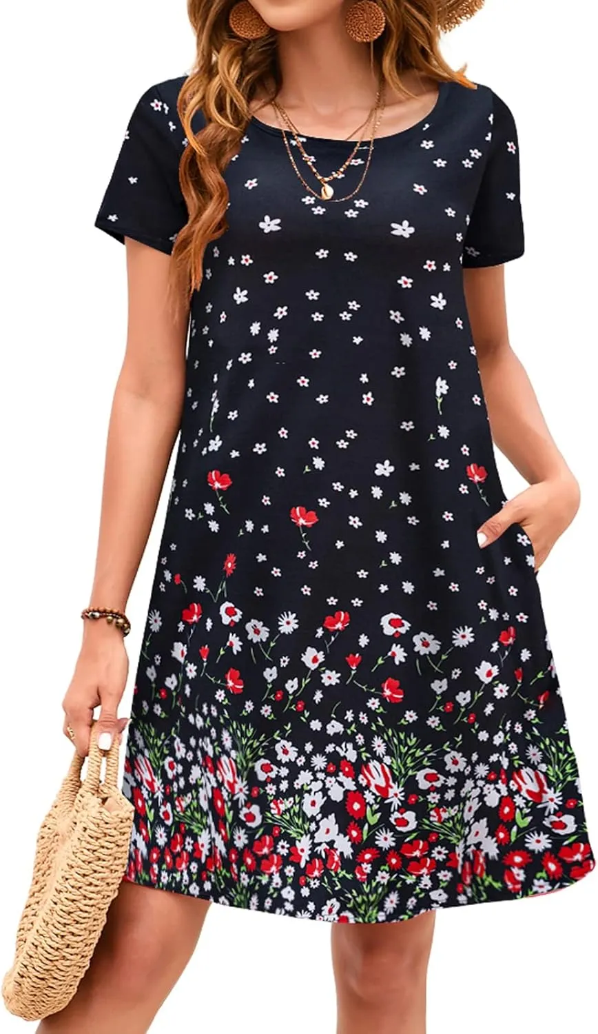 Sherosa Women's Summer Dresses 2025 Beach Boho Sundress Short Sleeve Loose Casual Tshirt Dress with Pockets