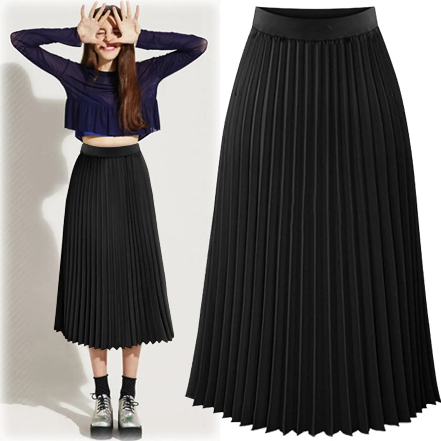 Skirts for Women Womens Solid Pleated Elegant Midi Elastic Waist Maxi Skirt