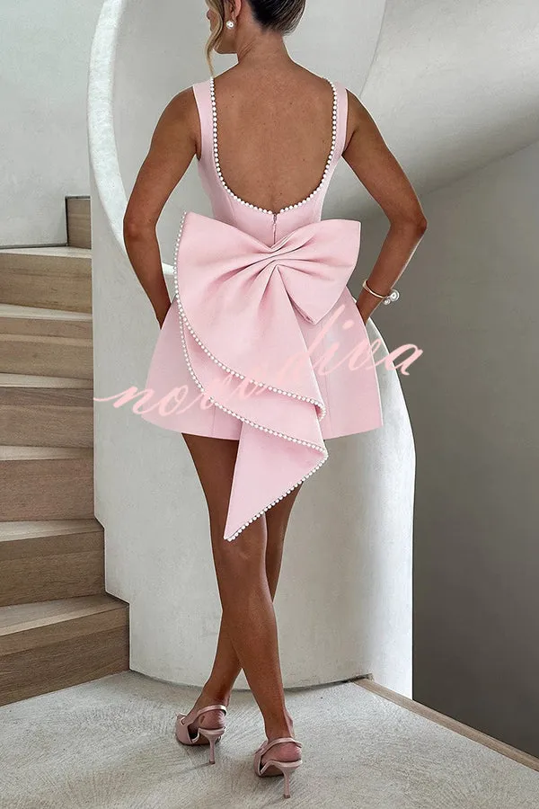 Stylish Pearl-embellished Large Bow Slim-fit Mini Dress