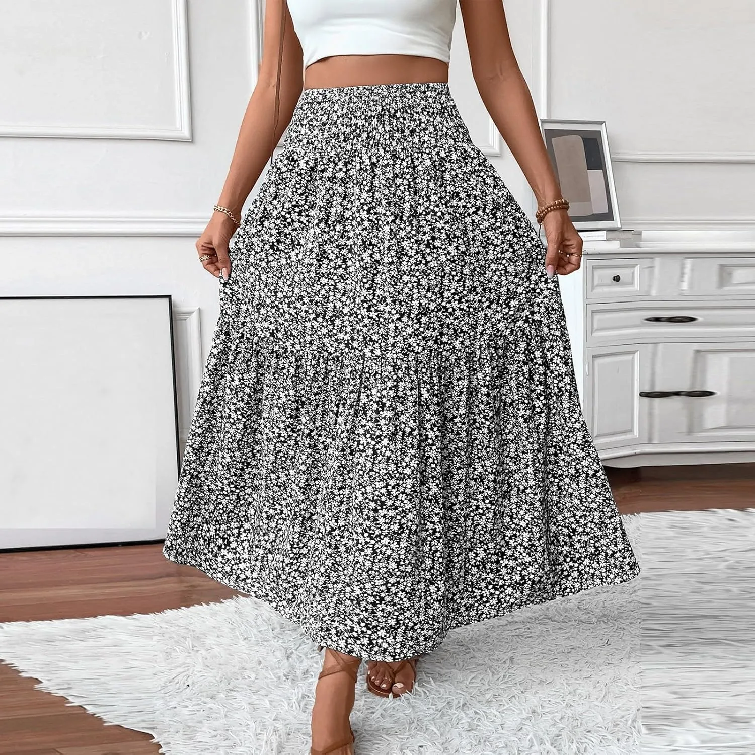 Summer Skirts for Women Maxi Skirt with Pockets Fashion Floral Print Elastic High Waisted Long Flowy Skirt