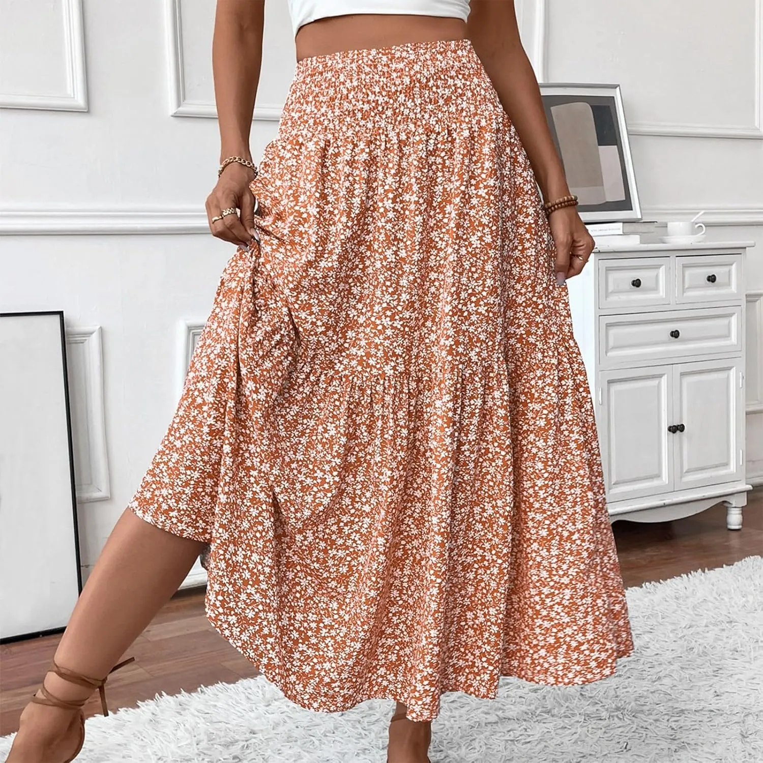 Summer Skirts for Women Maxi Skirt with Pockets Fashion Floral Print Elastic High Waisted Long Flowy Skirt