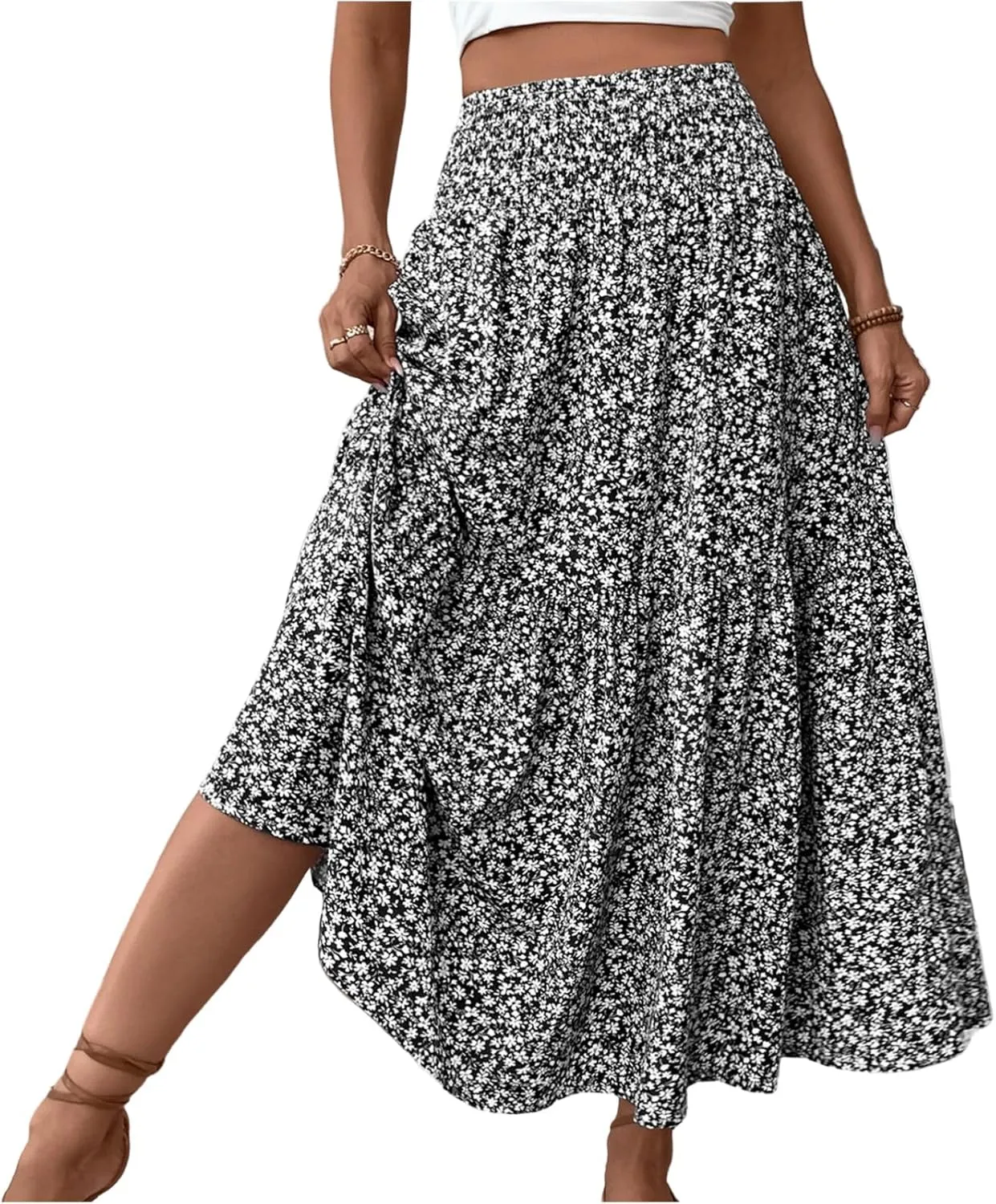 Summer Skirts for Women Maxi Skirt with Pockets Fashion Floral Print Elastic High Waisted Long Flowy Skirt