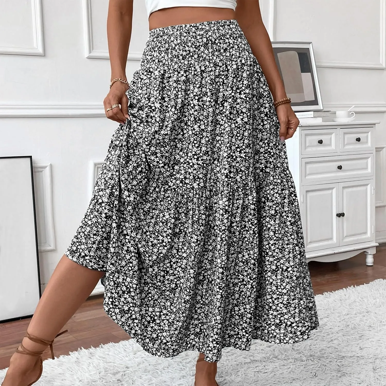 Summer Skirts for Women Maxi Skirt with Pockets Fashion Floral Print Elastic High Waisted Long Flowy Skirt