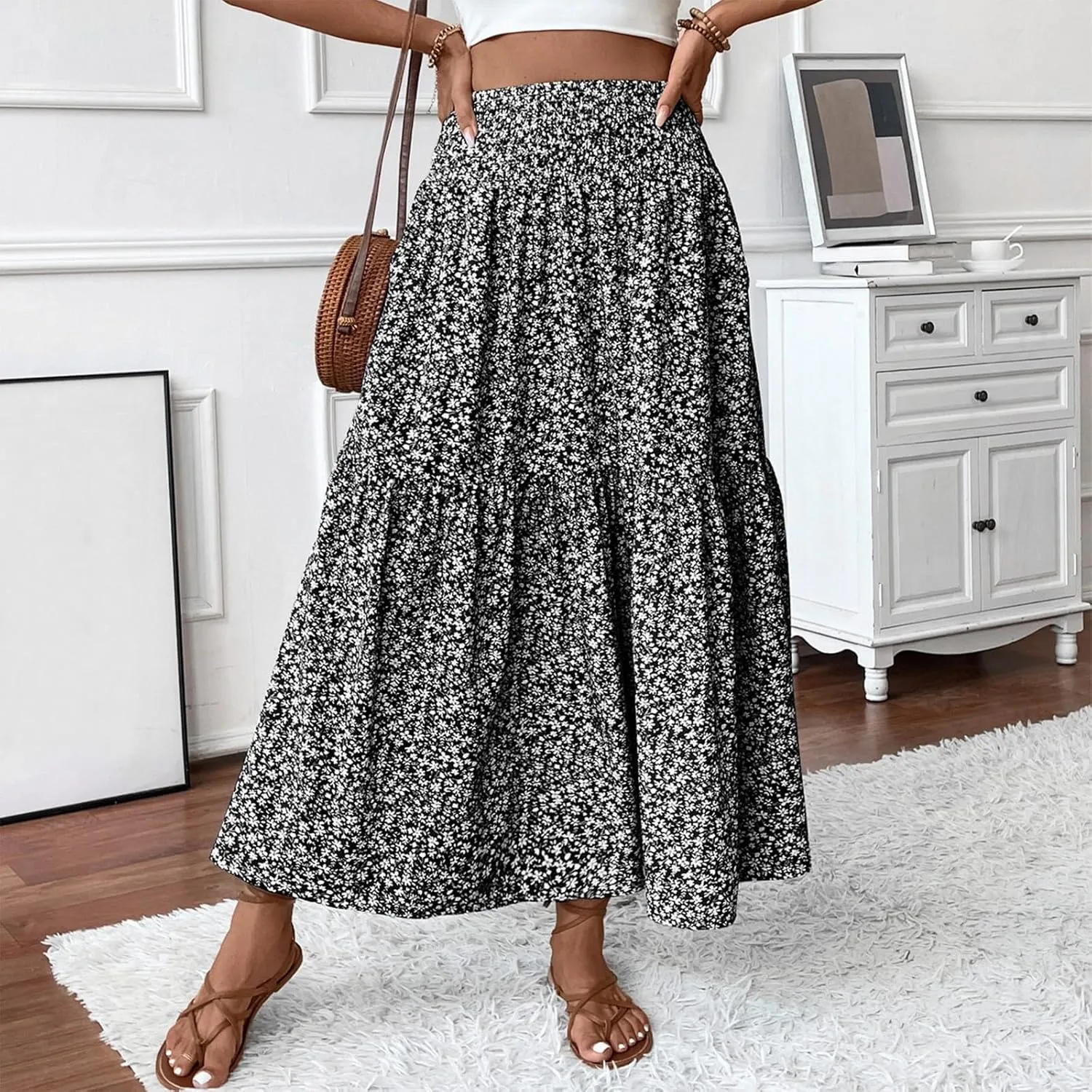 Summer Skirts for Women Maxi Skirt with Pockets Fashion Floral Print Elastic High Waisted Long Flowy Skirt