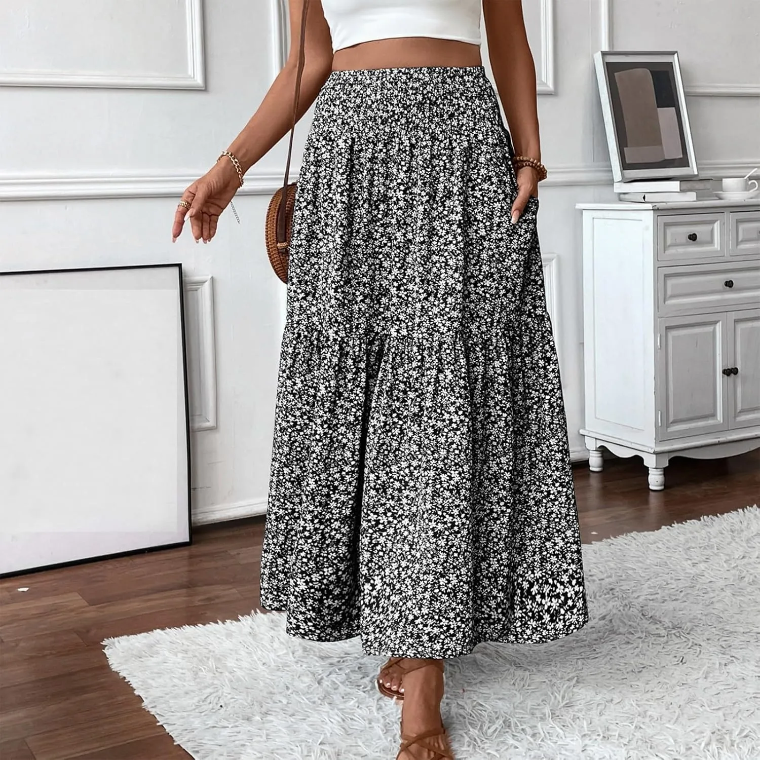 Summer Skirts for Women Maxi Skirt with Pockets Fashion Floral Print Elastic High Waisted Long Flowy Skirt