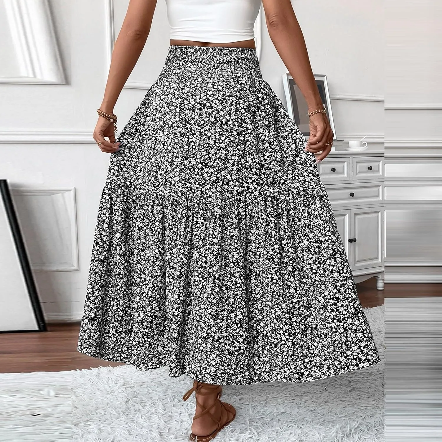 Summer Skirts for Women Maxi Skirt with Pockets Fashion Floral Print Elastic High Waisted Long Flowy Skirt