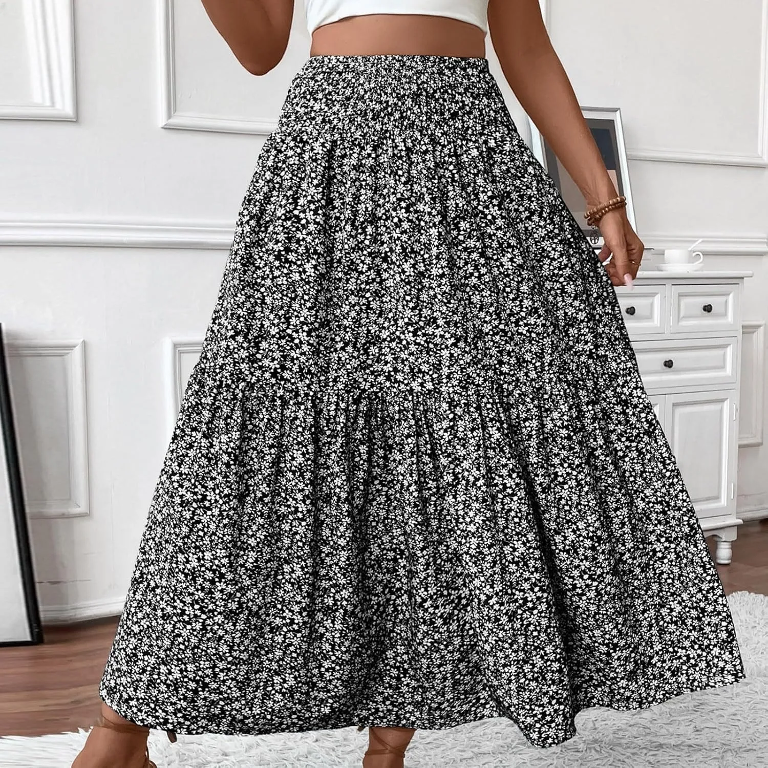 Summer Skirts for Women Maxi Skirt with Pockets Fashion Floral Print Elastic High Waisted Long Flowy Skirt