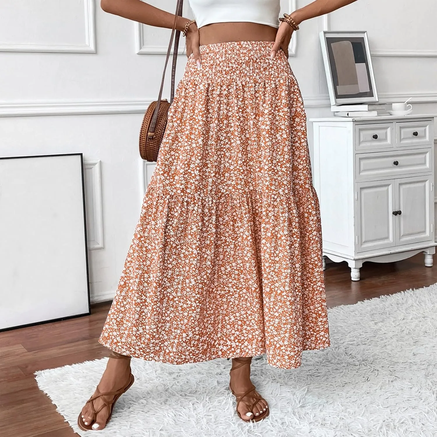 Summer Skirts for Women Maxi Skirt with Pockets Fashion Floral Print Elastic High Waisted Long Flowy Skirt
