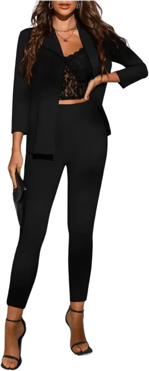 SweatyRocks Women's 2 Piece Elegant Half Sleeve Open Front Collar Neck Blazer and Pants Sets Work Office Suit Set