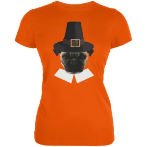 Thanksgiving Funny Pug Pilgrim Orange Juniors Soft T-Shirt