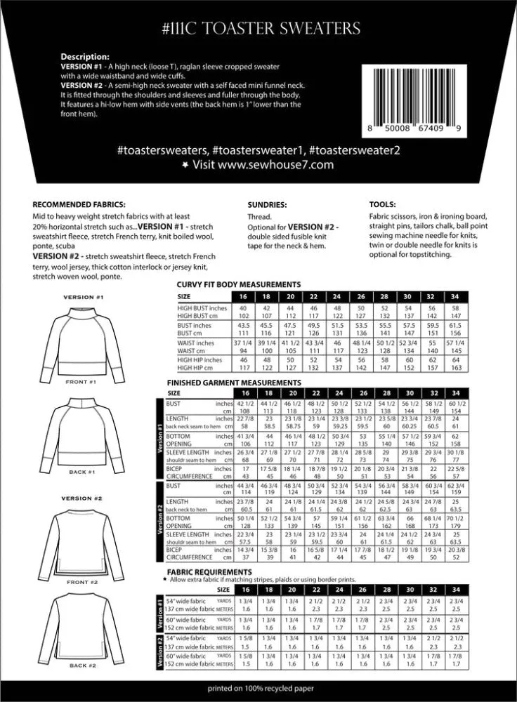 Toaster Sweater Pattern (Sizes 16 - 34)