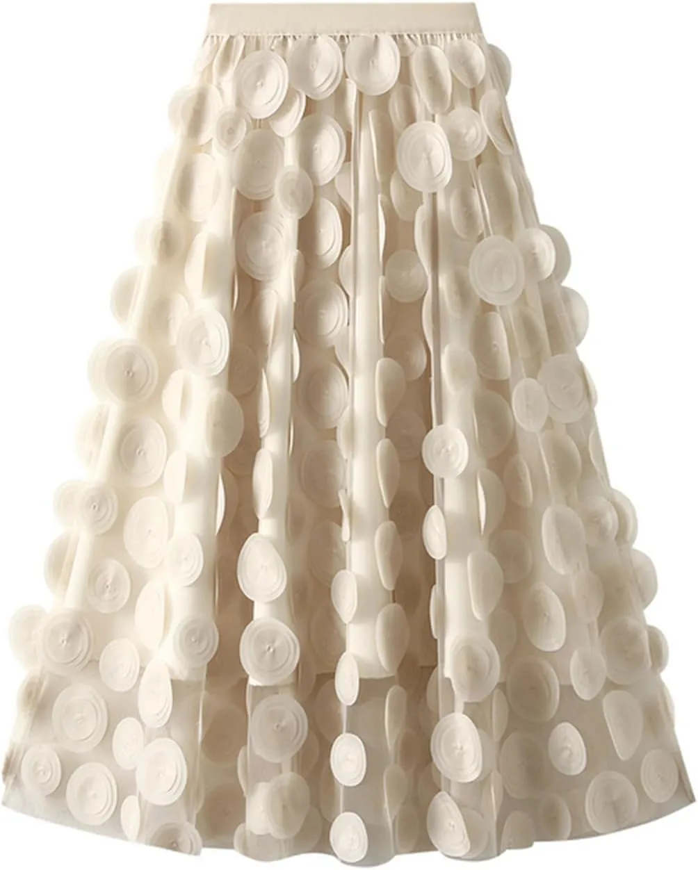 Tulle Skirt Women 3D Polka Dot Elastic Waist Mesh A-Line Midi Skirts Solid Color Fairy Party Clubwear Pleated Skirt