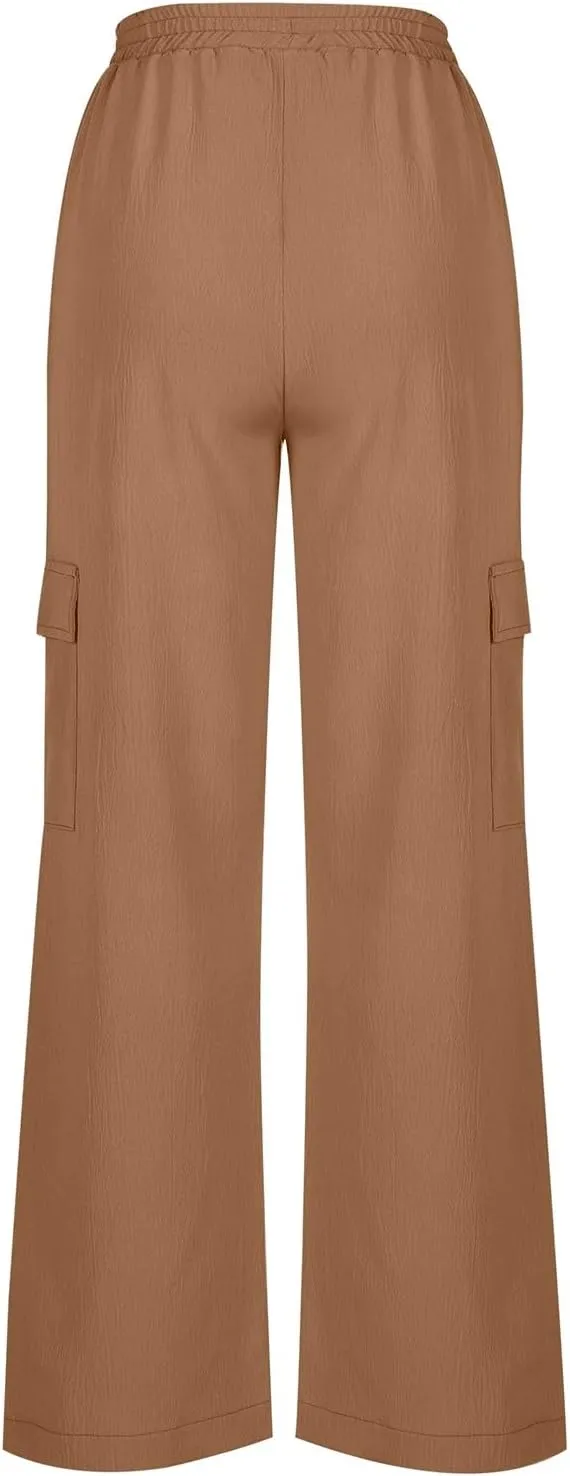 TUNUSKAT Womens Wide Leg Cargo Pants Summer Flowy Beach High Waist Trousers Lounge Loose Boho Vacation Slacks Travel Outfits