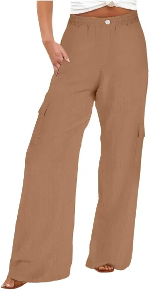 TUNUSKAT Womens Wide Leg Cargo Pants Summer Flowy Beach High Waist Trousers Lounge Loose Boho Vacation Slacks Travel Outfits