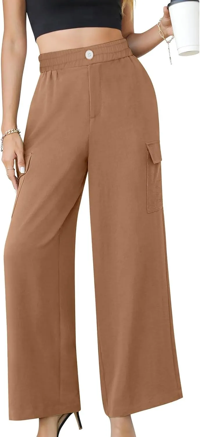 TUNUSKAT Womens Wide Leg Cargo Pants Summer Flowy Beach High Waist Trousers Lounge Loose Boho Vacation Slacks Travel Outfits