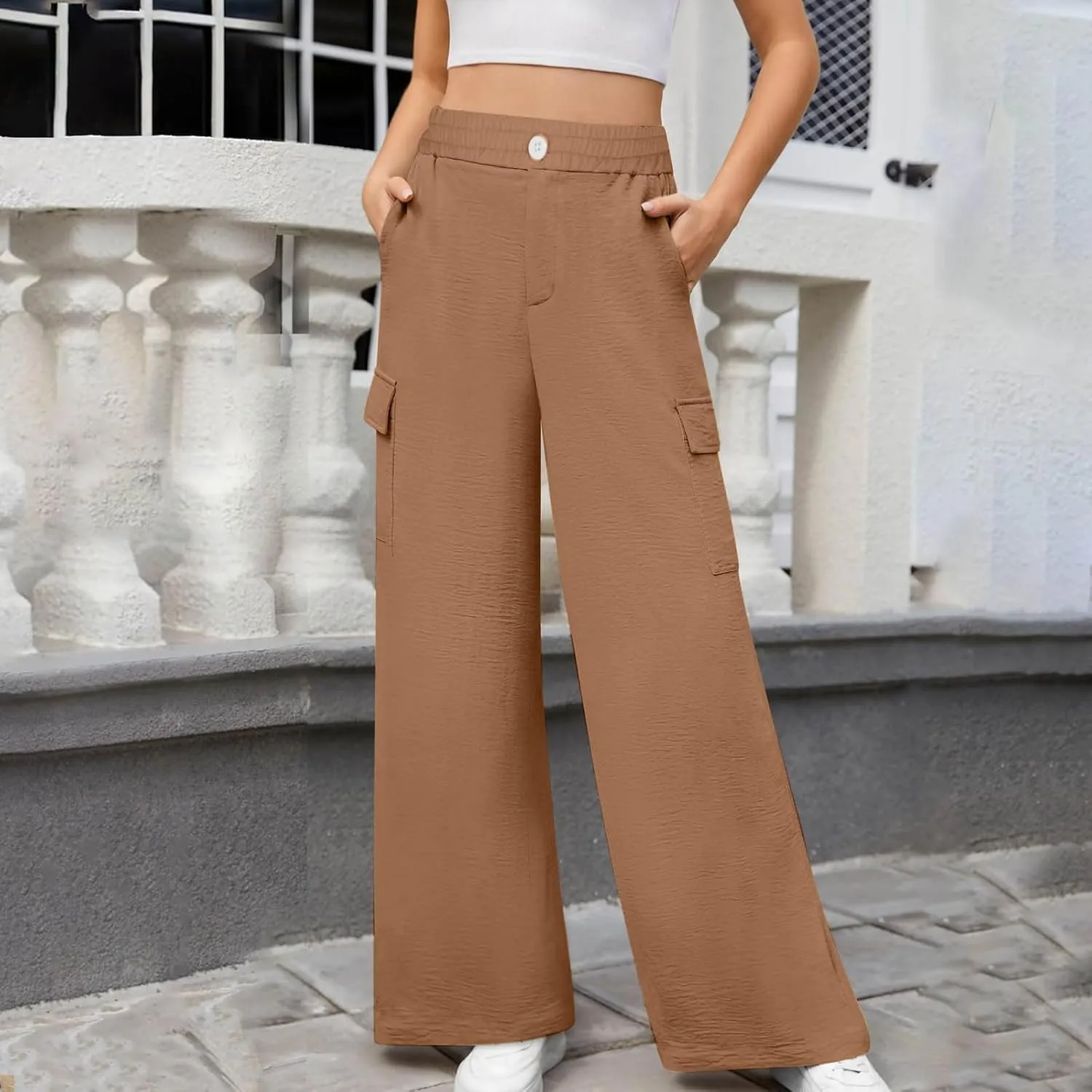 TUNUSKAT Womens Wide Leg Cargo Pants Summer Flowy Beach High Waist Trousers Lounge Loose Boho Vacation Slacks Travel Outfits