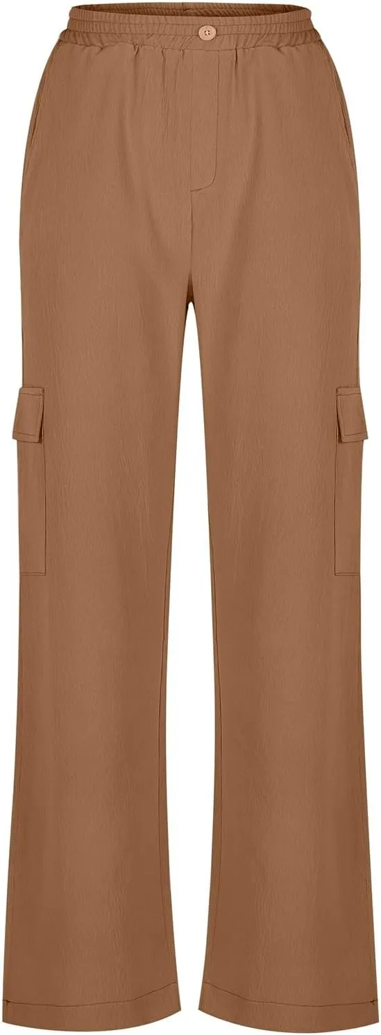 TUNUSKAT Womens Wide Leg Cargo Pants Summer Flowy Beach High Waist Trousers Lounge Loose Boho Vacation Slacks Travel Outfits