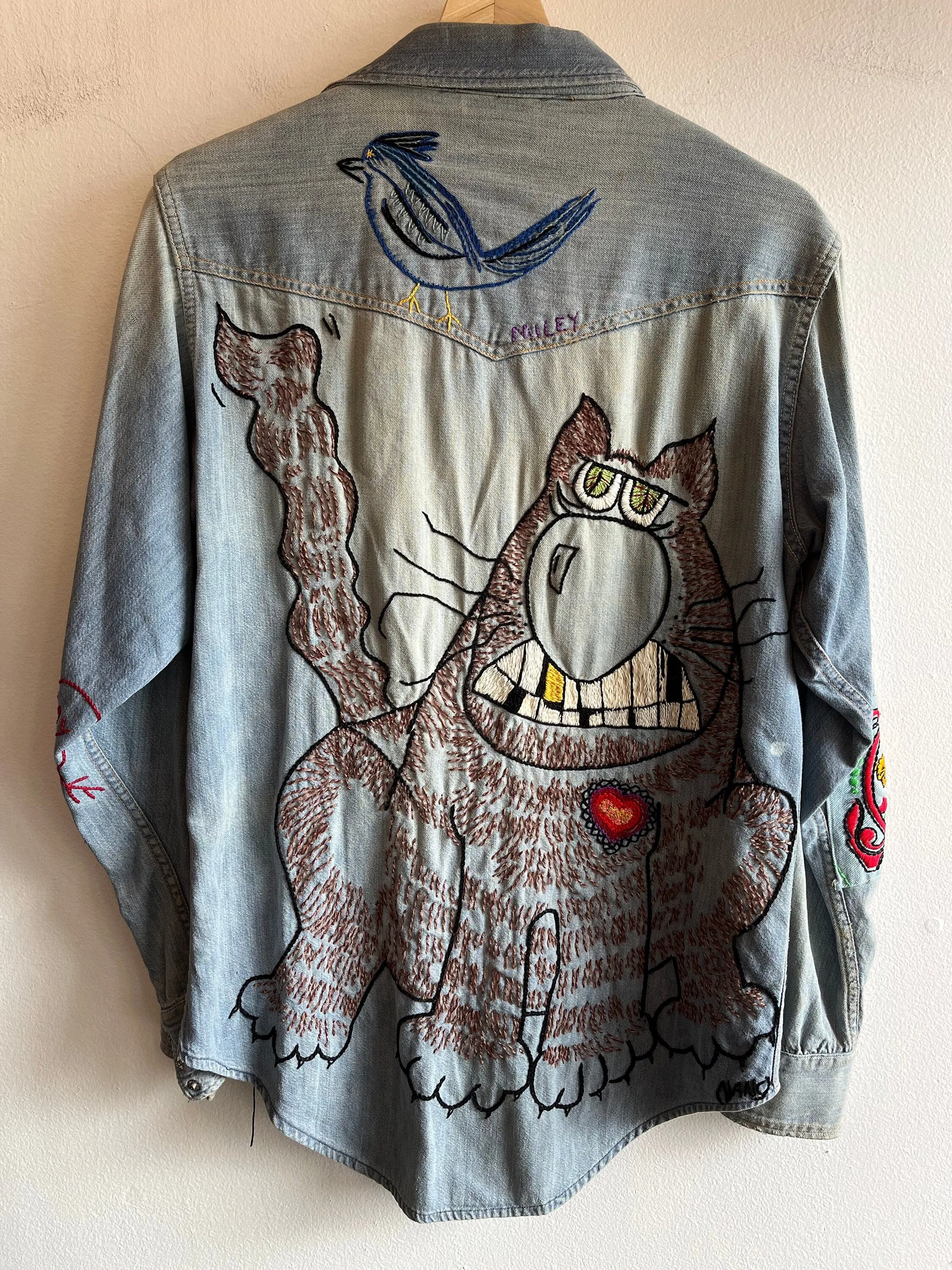 Vintage 1950s sears embroidered denim slant pocket pearl snap shirt
