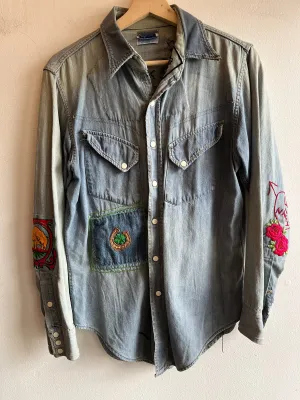 Vintage 1950s sears embroidered denim slant pocket pearl snap shirt