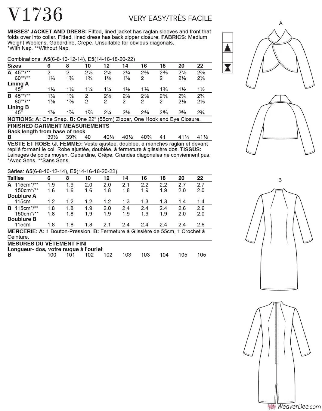 Vogue Pattern V1736 Misses' Lined Raglan-Sleeve Jacket & Funnel-Neck Dress